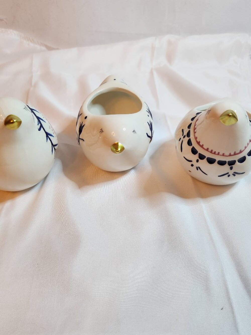 Set of 3 Ceramic Bird Trinket Dishes Mini Planters Blue White Gold